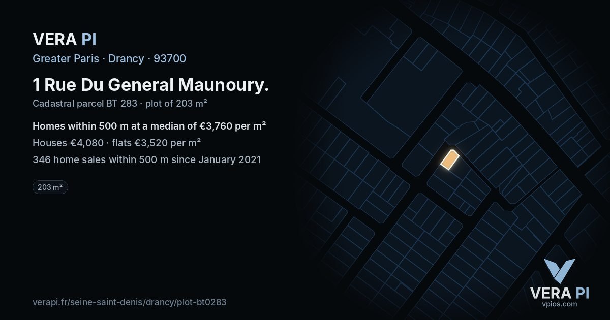 1 Rue Du General Maunoury, Drancy at night – the plot lit, the parcels around coloured by the prices near them