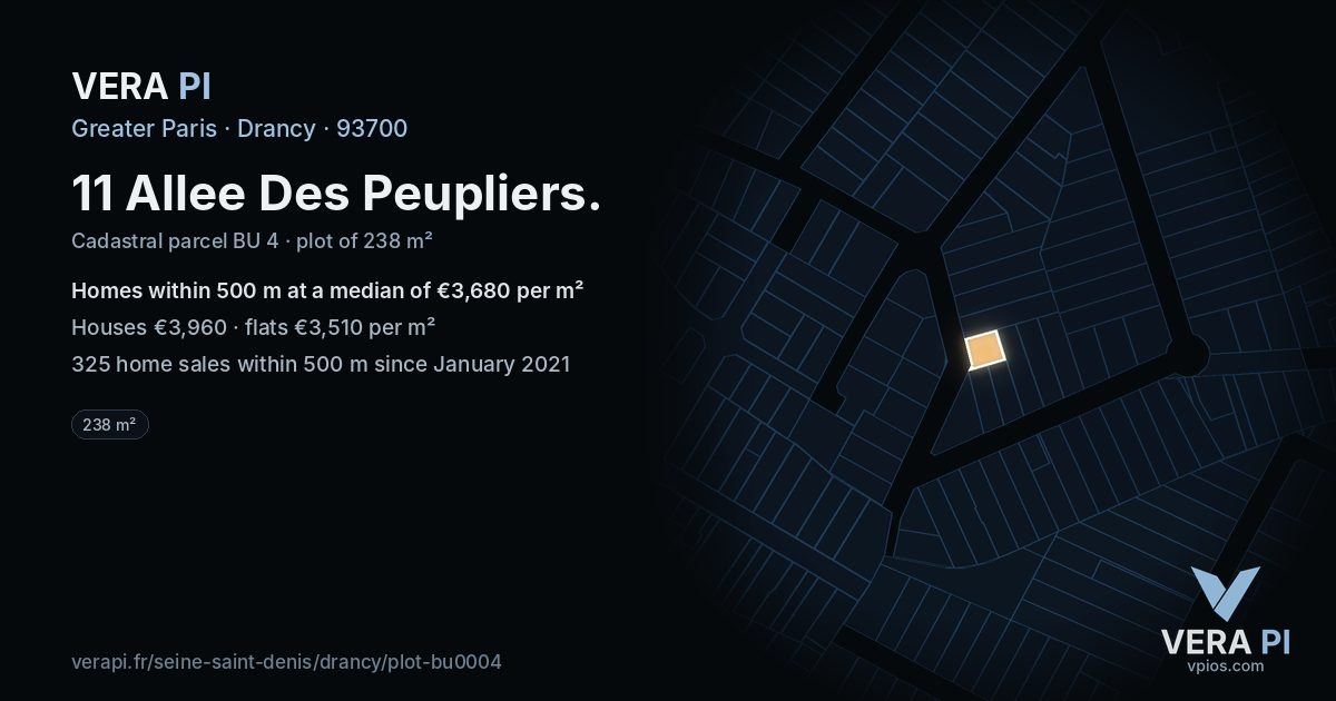 11 Allee Des Peupliers, Drancy at night – the plot lit, the parcels around coloured by the prices near them