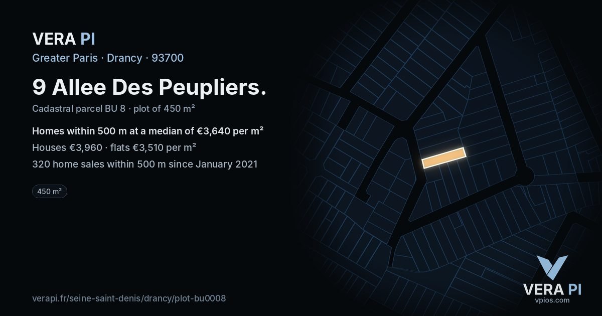 9 Allee Des Peupliers, Drancy at night – the plot lit, the parcels around coloured by the prices near them