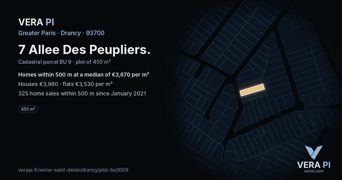 7 Allee Des Peupliers, Drancy at night – the plot lit, the parcels around coloured by the prices near them