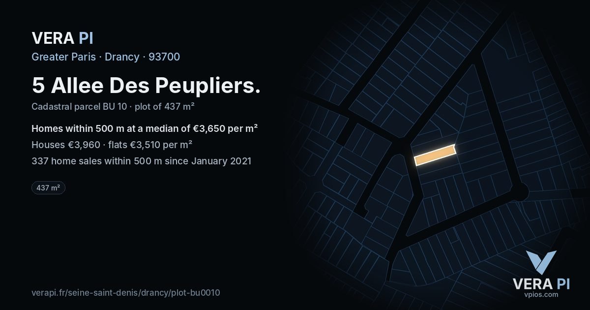 5 Allee Des Peupliers, Drancy at night – the plot lit, the parcels around coloured by the prices near them