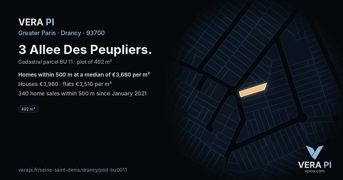 3 Allee Des Peupliers, Drancy at night – the plot lit, the parcels around coloured by the prices near them