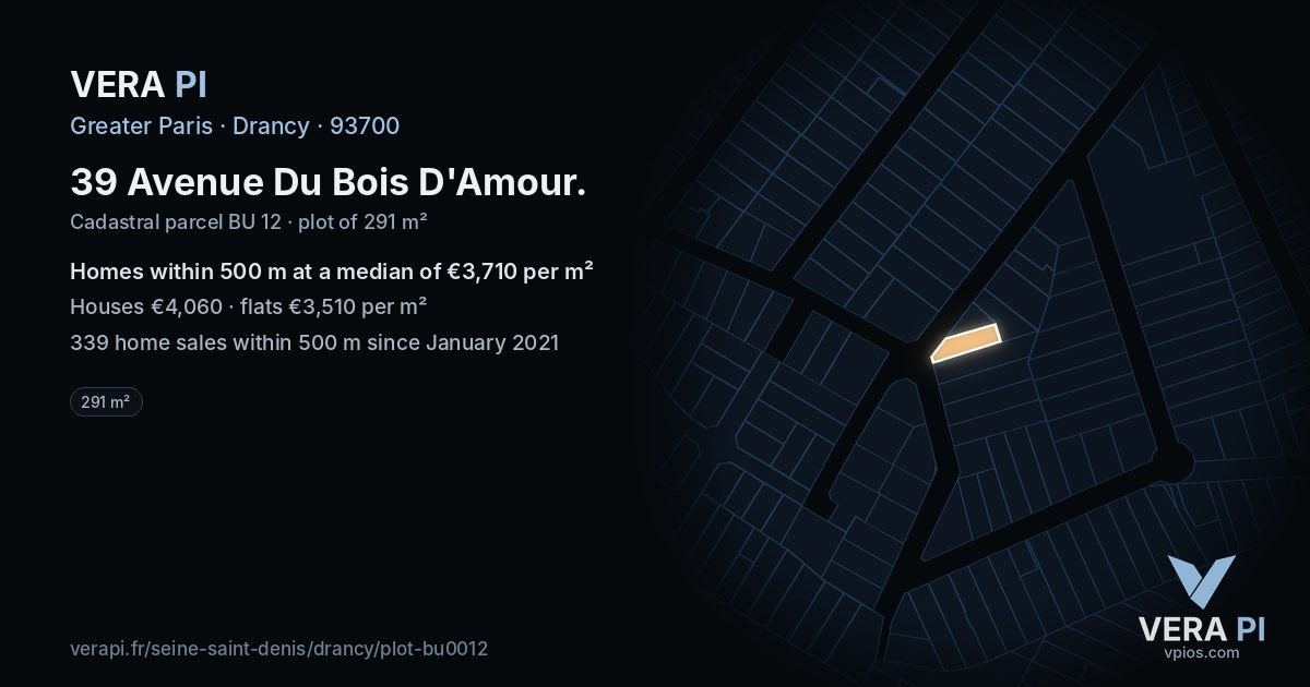 39 Avenue Du Bois D'Amour, Drancy at night – the plot lit, the parcels around coloured by the prices near them