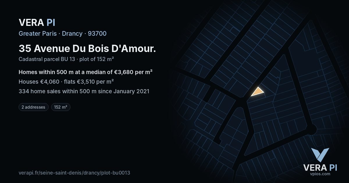 35 Avenue Du Bois D'Amour, Drancy at night – the plot lit, the parcels around coloured by the prices near them