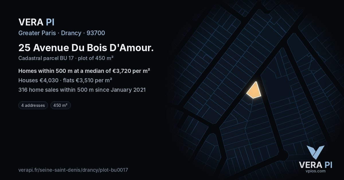 25 Avenue Du Bois D'Amour, Drancy at night – the plot lit, the parcels around coloured by the prices near them