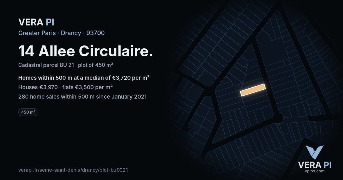 14 Allee Circulaire, Drancy at night – the plot lit, the parcels around coloured by the prices near them