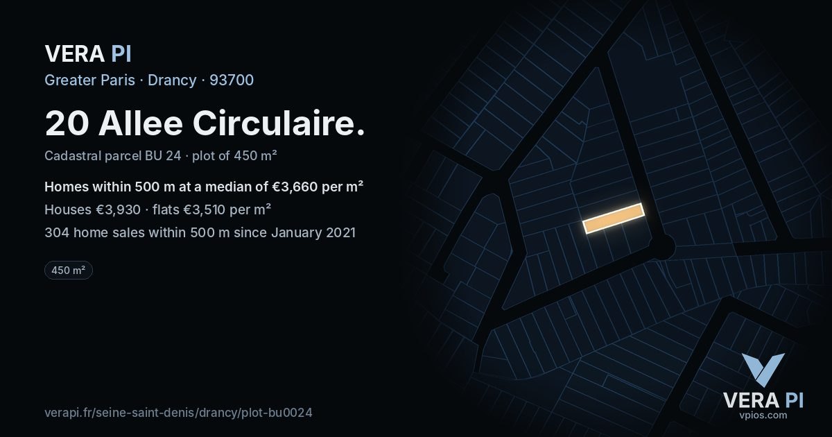 20 Allee Circulaire, Drancy at night – the plot lit, the parcels around coloured by the prices near them