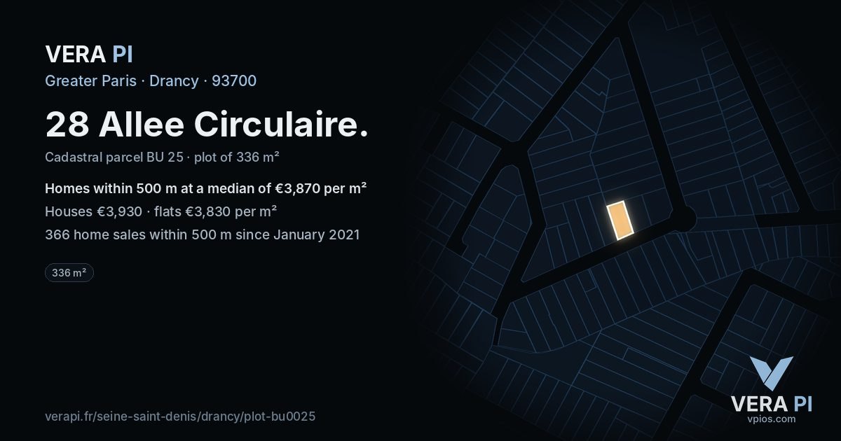 28 Allee Circulaire, Drancy at night – the plot lit, the parcels around coloured by the prices near them
