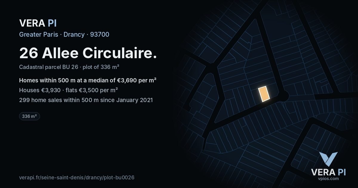 26 Allee Circulaire, Drancy at night – the plot lit, the parcels around coloured by the prices near them