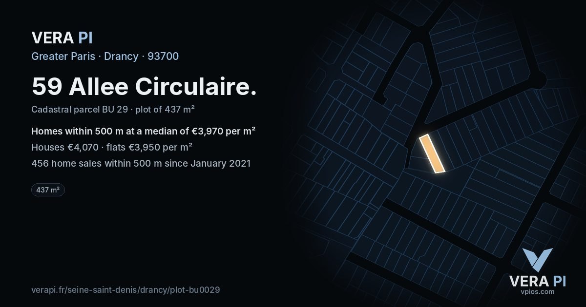 59 Allee Circulaire, Drancy at night – the plot lit, the parcels around coloured by the prices near them