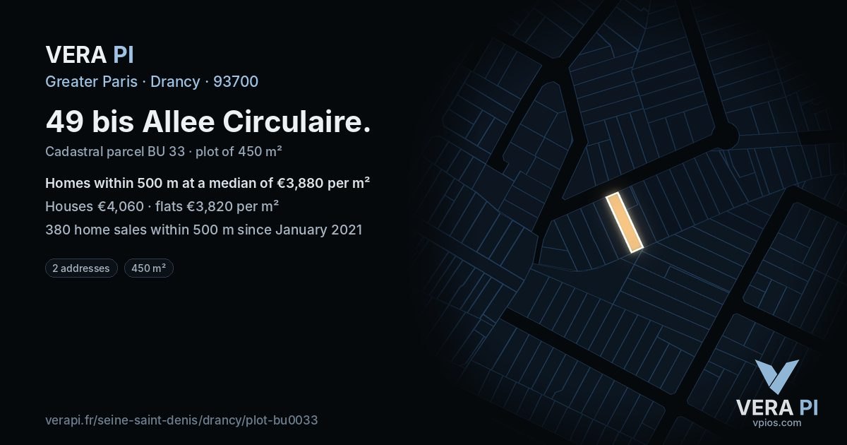 49 bis Allee Circulaire, Drancy at night – the plot lit, the parcels around coloured by the prices near them