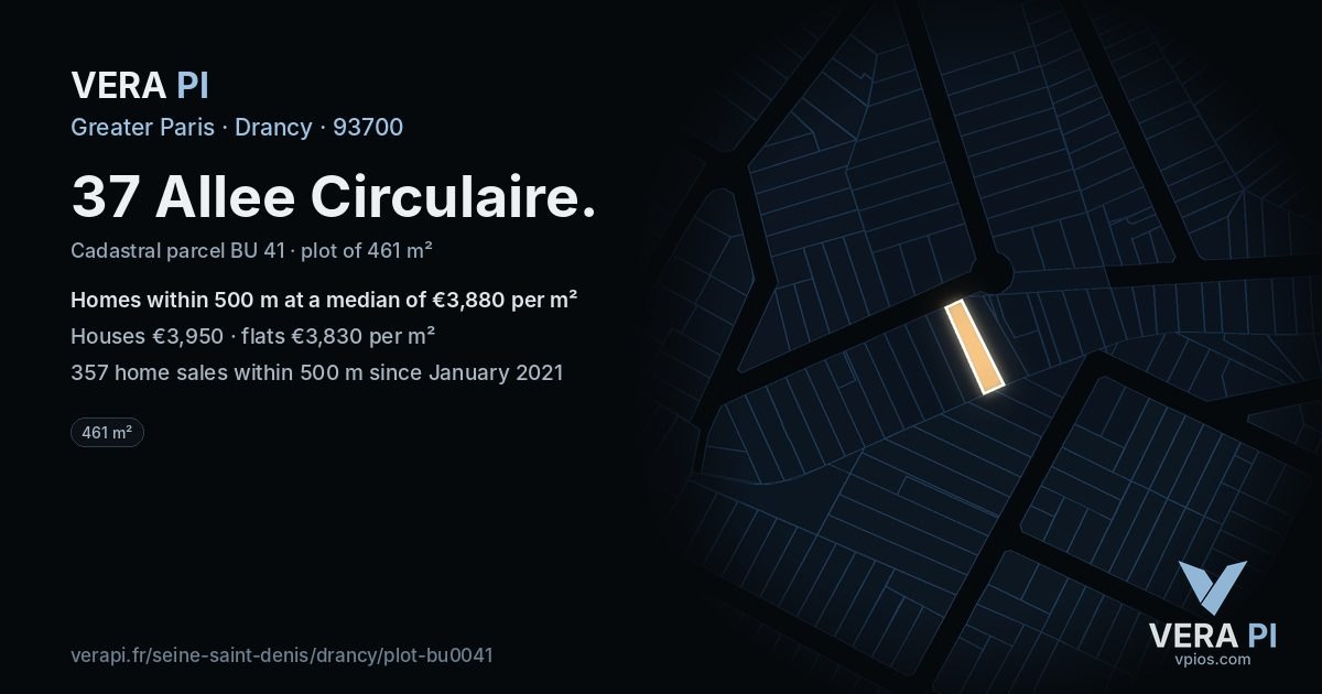 37 Allee Circulaire, Drancy at night – the plot lit, the parcels around coloured by the prices near them