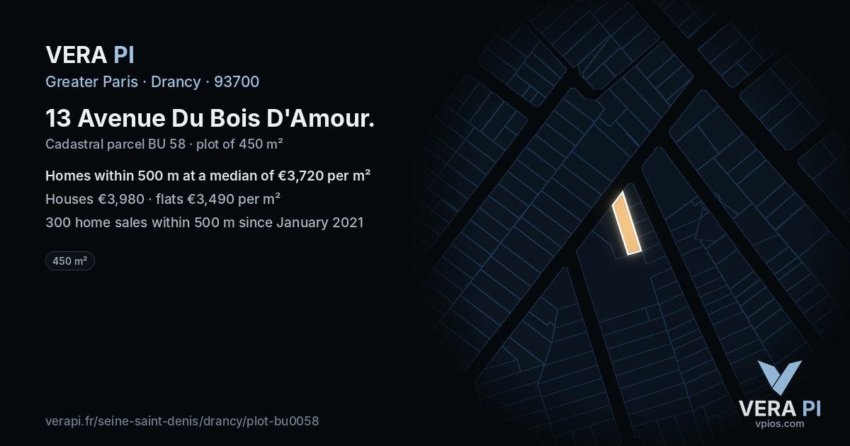 13 Avenue Du Bois D'Amour, Drancy at night – the plot lit, the parcels around coloured by the prices near them