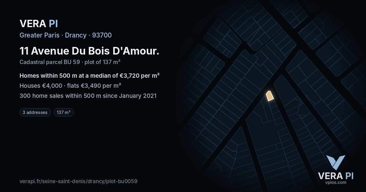 11 Avenue Du Bois D'Amour, Drancy at night – the plot lit, the parcels around coloured by the prices near them