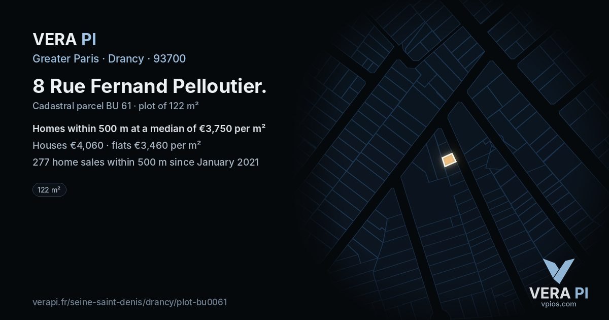 8 Rue Fernand Pelloutier, Drancy at night – the plot lit, the parcels around coloured by the prices near them
