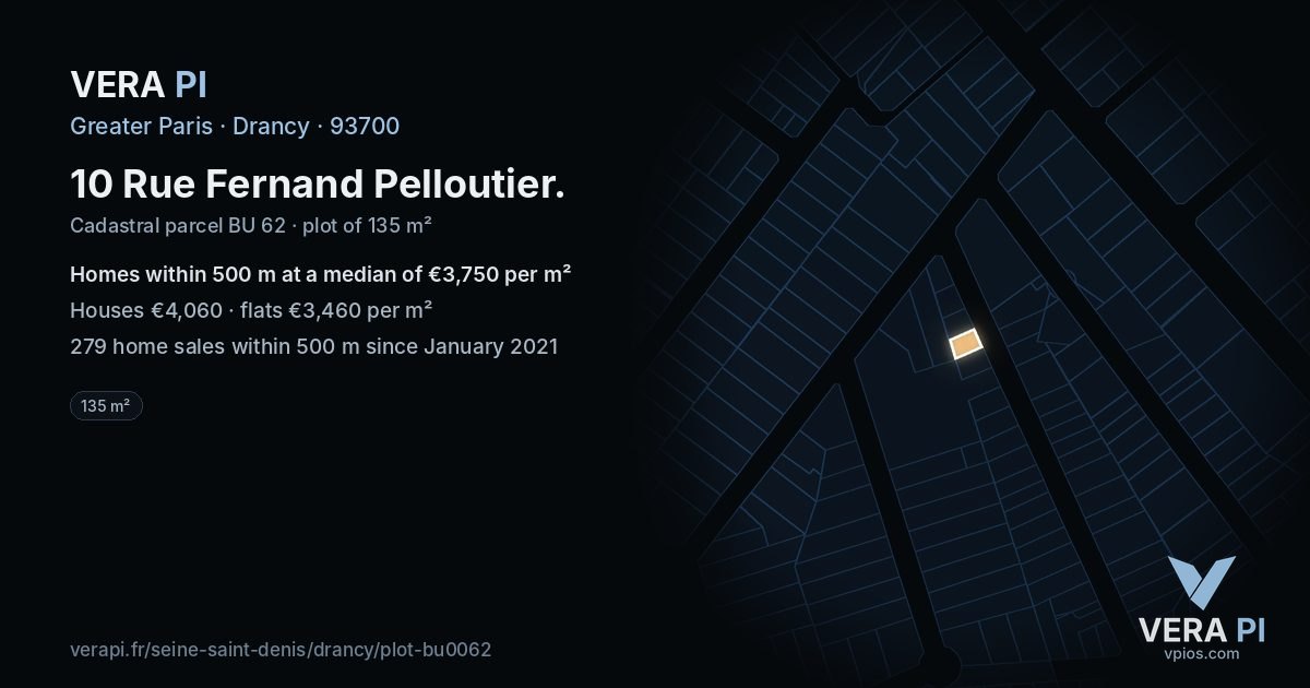 10 Rue Fernand Pelloutier, Drancy at night – the plot lit, the parcels around coloured by the prices near them