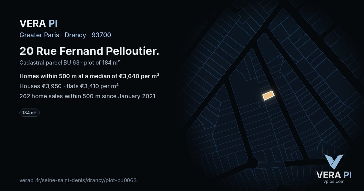 20 Rue Fernand Pelloutier, Drancy at night – the plot lit, the parcels around coloured by the prices near them