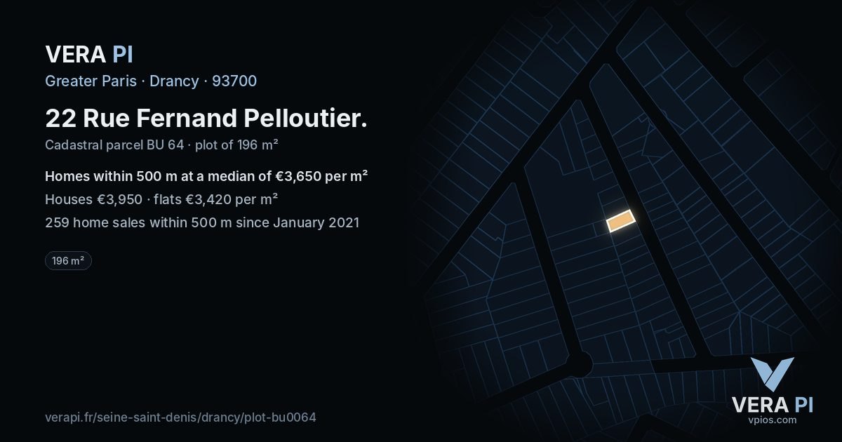 22 Rue Fernand Pelloutier, Drancy at night – the plot lit, the parcels around coloured by the prices near them