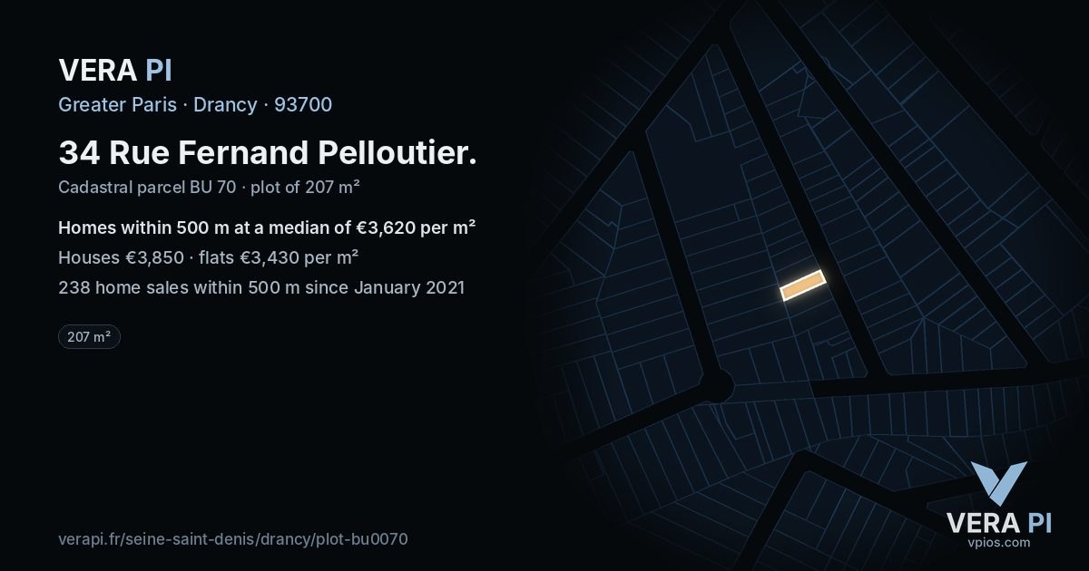 34 Rue Fernand Pelloutier, Drancy at night – the plot lit, the parcels around coloured by the prices near them