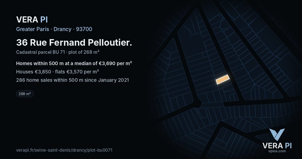 36 Rue Fernand Pelloutier, Drancy at night – the plot lit, the parcels around coloured by the prices near them