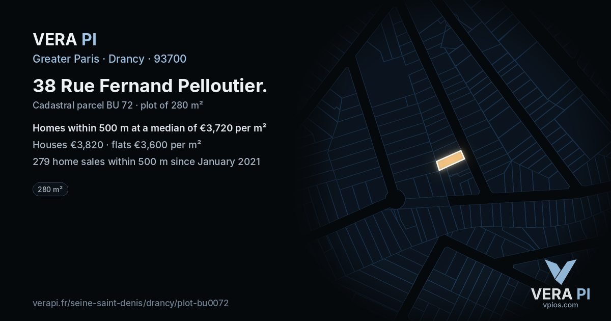 38 Rue Fernand Pelloutier, Drancy at night – the plot lit, the parcels around coloured by the prices near them