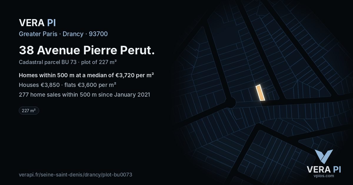 38 Avenue Pierre Perut, Drancy at night – the plot lit, the parcels around coloured by the prices near them