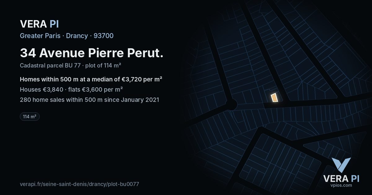 34 Avenue Pierre Perut, Drancy at night – the plot lit, the parcels around coloured by the prices near them