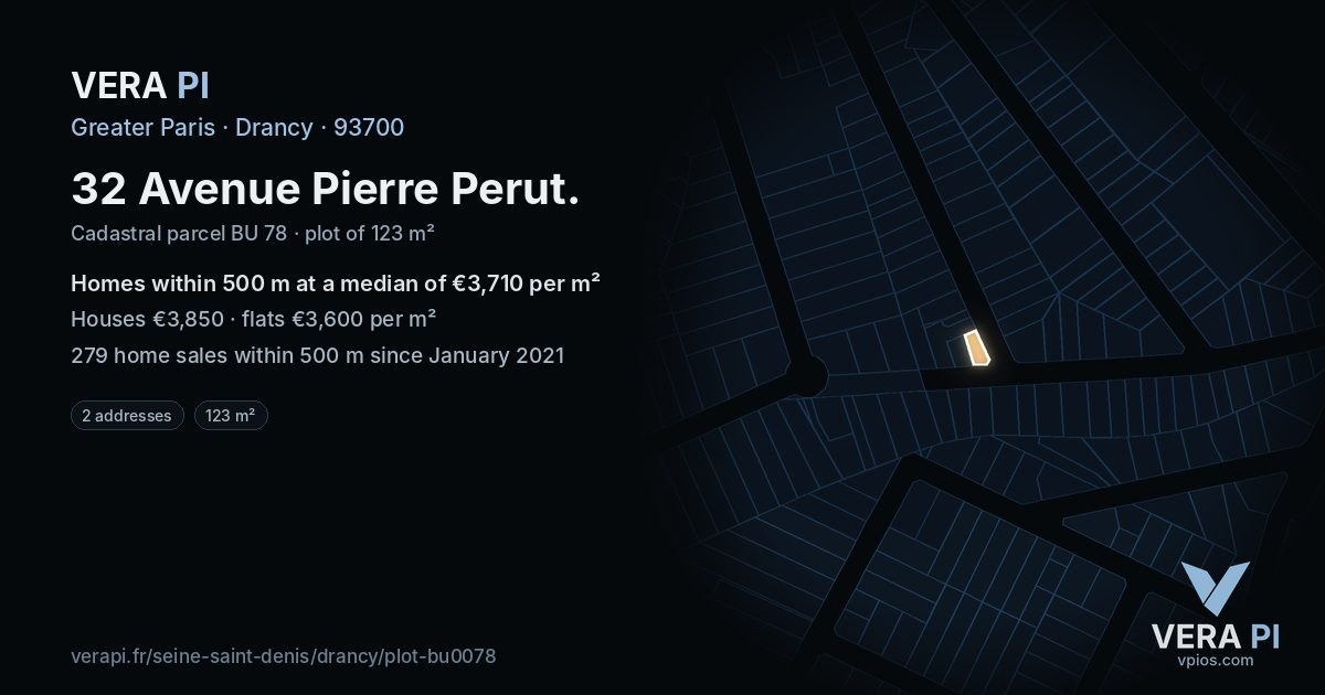 32 Avenue Pierre Perut, Drancy at night – the plot lit, the parcels around coloured by the prices near them