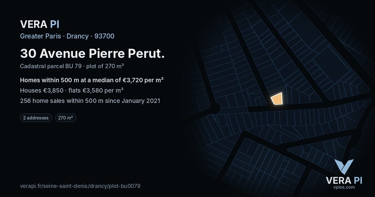 30 Avenue Pierre Perut, Drancy at night – the plot lit, the parcels around coloured by the prices near them