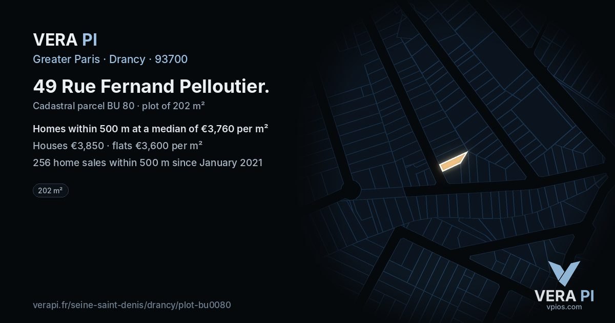 49 Rue Fernand Pelloutier, Drancy at night – the plot lit, the parcels around coloured by the prices near them