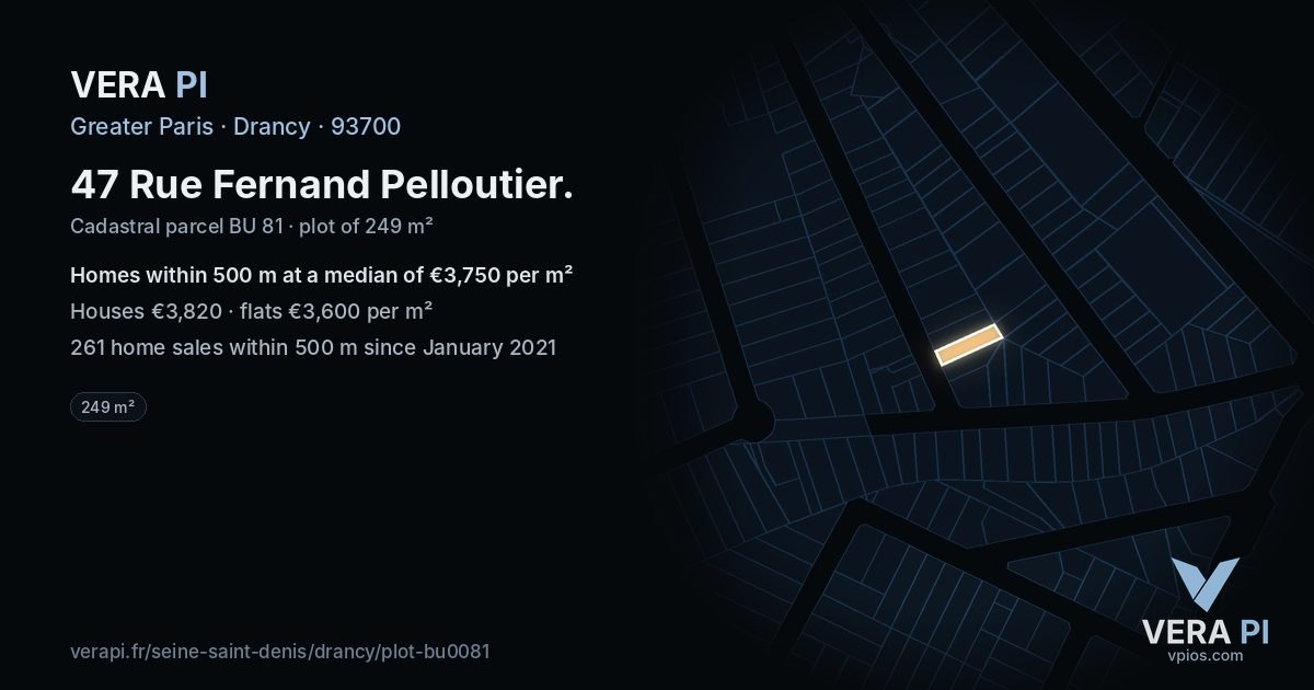 47 Rue Fernand Pelloutier, Drancy at night – the plot lit, the parcels around coloured by the prices near them