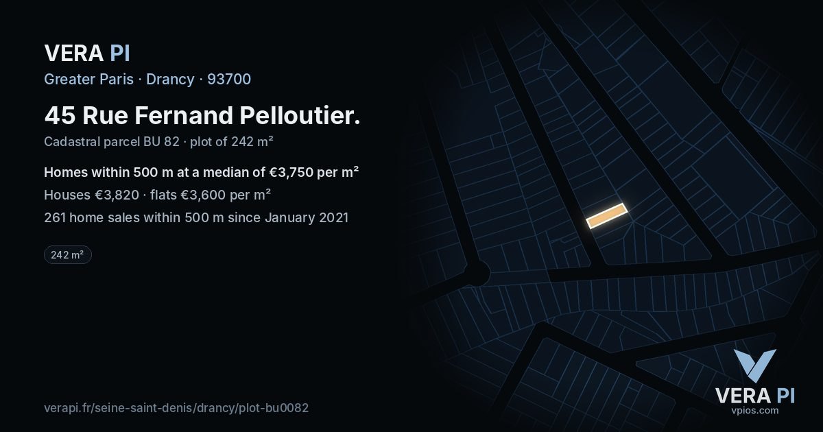 45 Rue Fernand Pelloutier, Drancy at night – the plot lit, the parcels around coloured by the prices near them