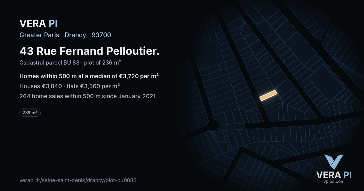 43 Rue Fernand Pelloutier, Drancy at night – the plot lit, the parcels around coloured by the prices near them
