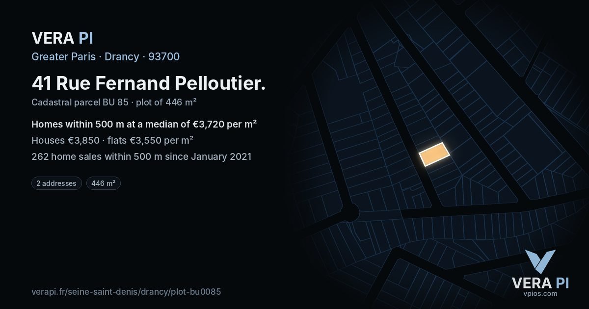 41 Rue Fernand Pelloutier, Drancy at night – the plot lit, the parcels around coloured by the prices near them