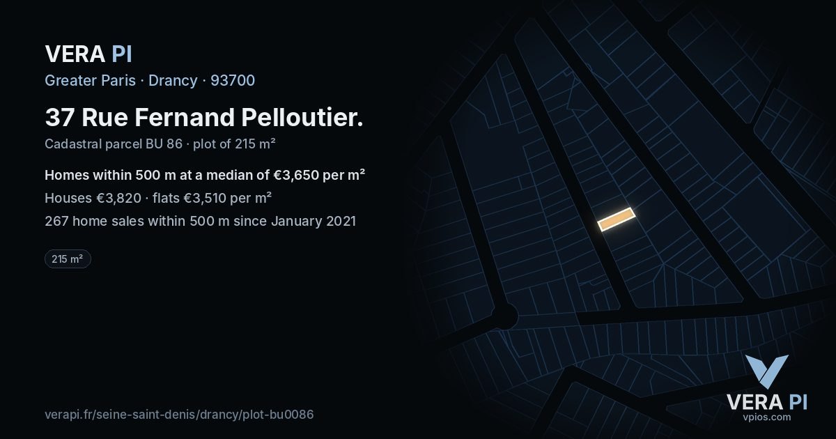 37 Rue Fernand Pelloutier, Drancy at night – the plot lit, the parcels around coloured by the prices near them