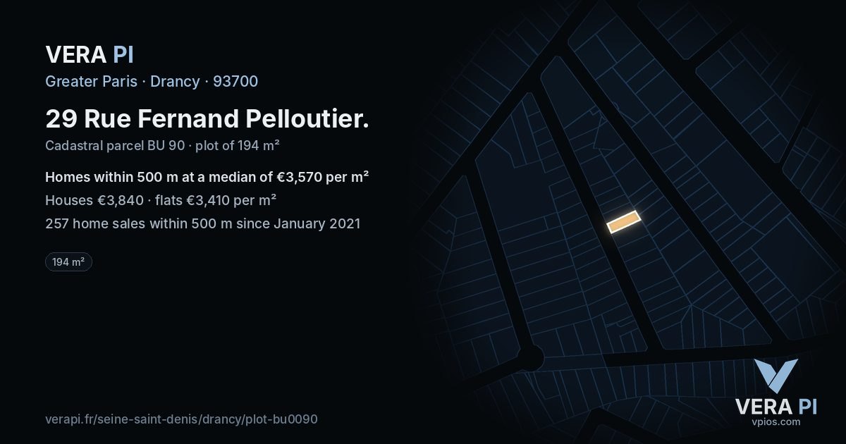 29 Rue Fernand Pelloutier, Drancy at night – the plot lit, the parcels around coloured by the prices near them