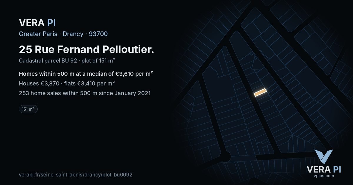 25 Rue Fernand Pelloutier, Drancy at night – the plot lit, the parcels around coloured by the prices near them