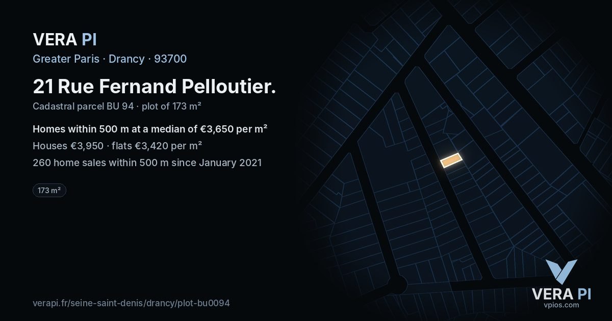 21 Rue Fernand Pelloutier, Drancy at night – the plot lit, the parcels around coloured by the prices near them