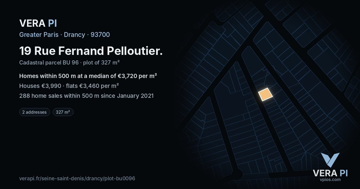 19 Rue Fernand Pelloutier, Drancy at night – the plot lit, the parcels around coloured by the prices near them