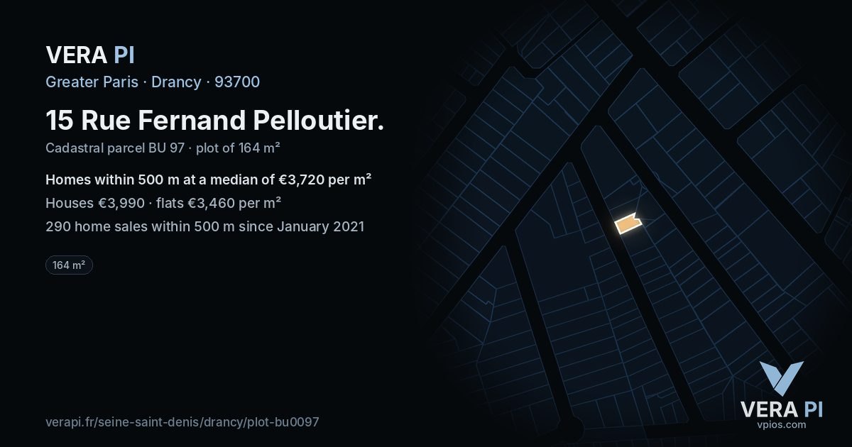 15 Rue Fernand Pelloutier, Drancy at night – the plot lit, the parcels around coloured by the prices near them