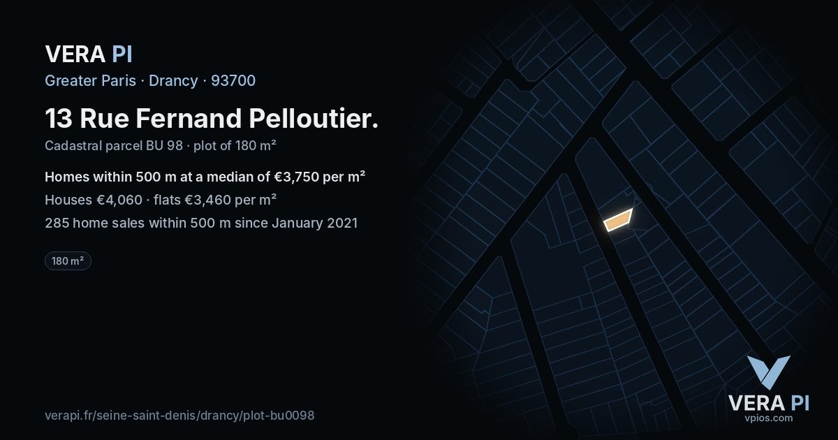 13 Rue Fernand Pelloutier, Drancy at night – the plot lit, the parcels around coloured by the prices near them