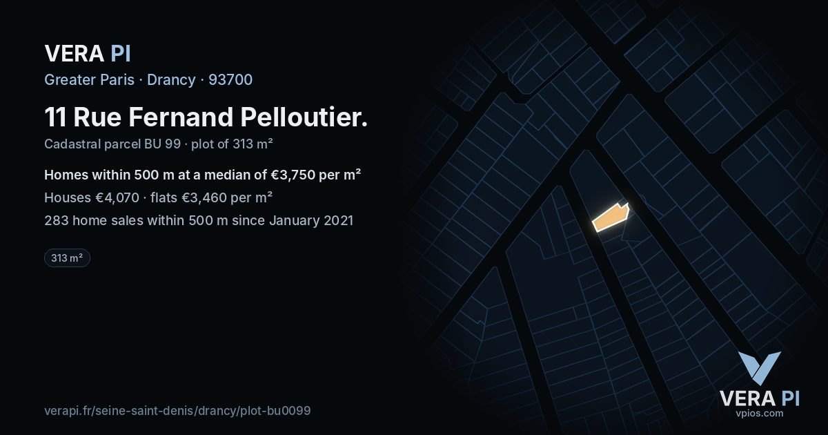 11 Rue Fernand Pelloutier, Drancy at night – the plot lit, the parcels around coloured by the prices near them
