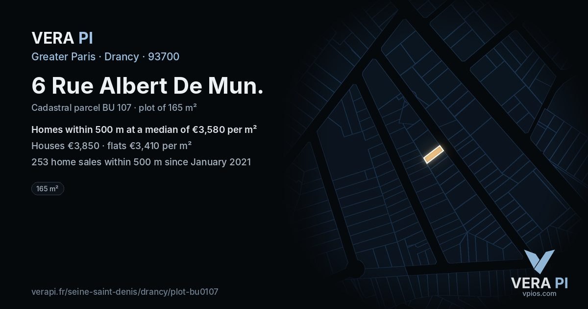6 Rue Albert De Mun, Drancy at night – the plot lit, the parcels around coloured by the prices near them