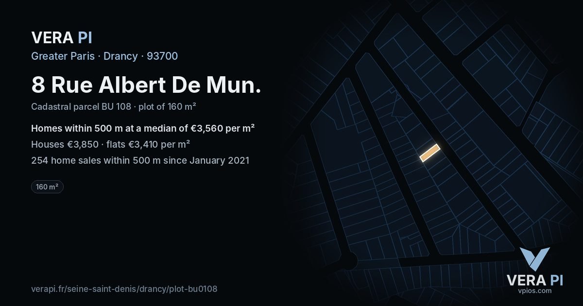 8 Rue Albert De Mun, Drancy at night – the plot lit, the parcels around coloured by the prices near them
