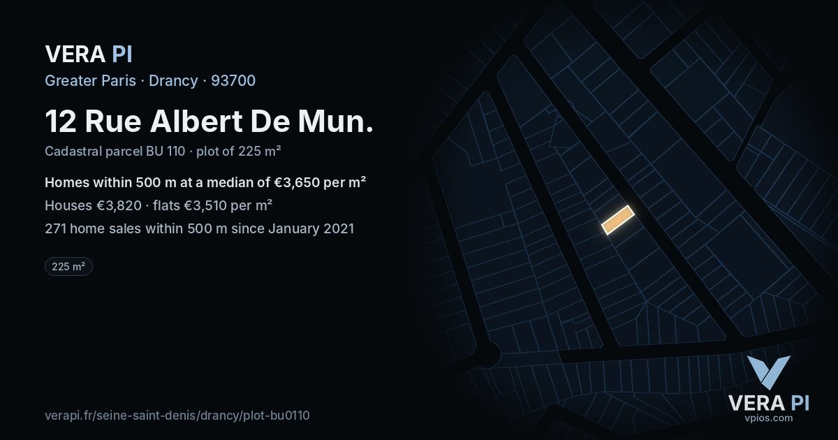 12 Rue Albert De Mun, Drancy at night – the plot lit, the parcels around coloured by the prices near them