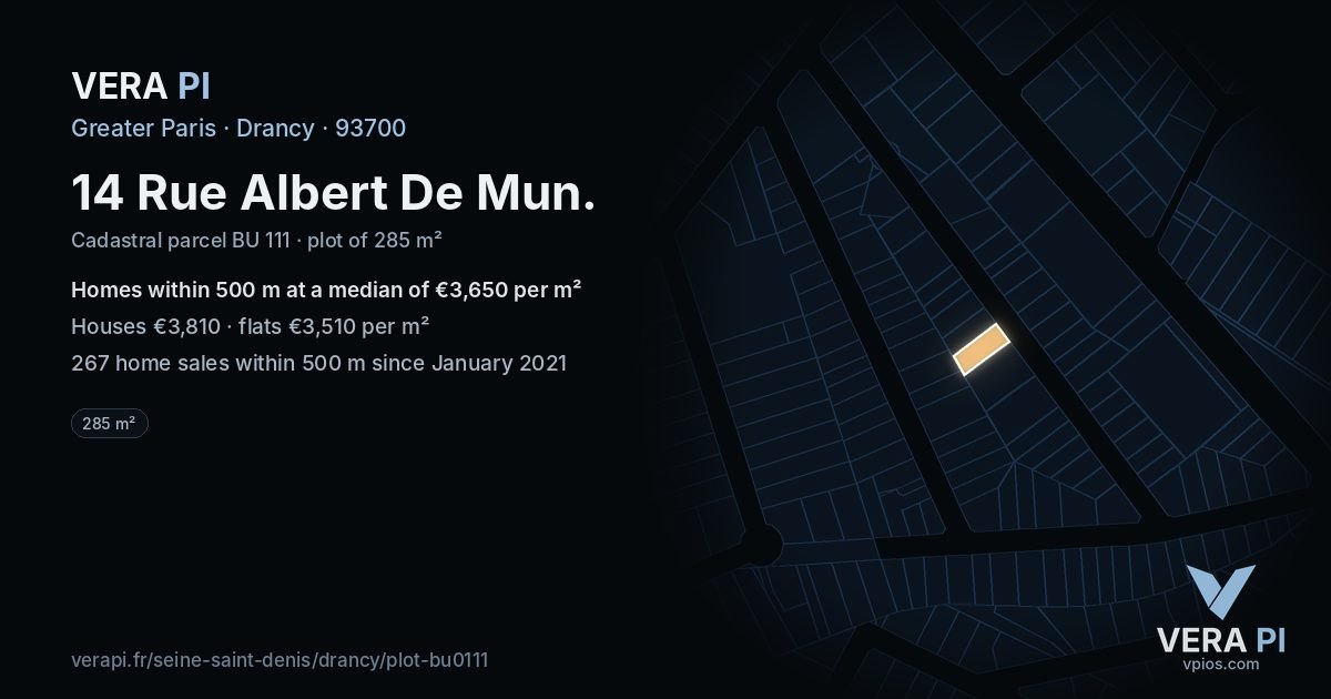 14 Rue Albert De Mun, Drancy at night – the plot lit, the parcels around coloured by the prices near them