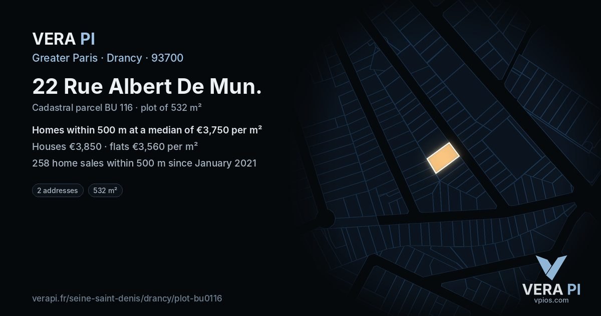 22 Rue Albert De Mun, Drancy at night – the plot lit, the parcels around coloured by the prices near them
