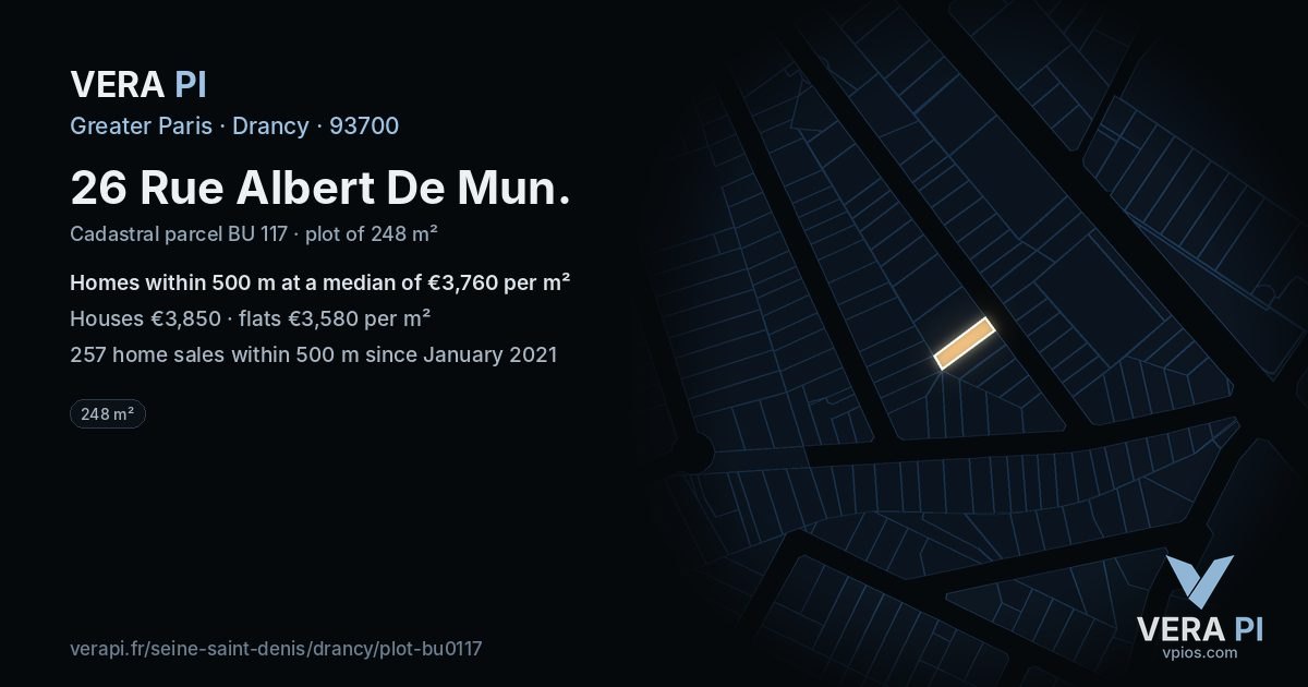 26 Rue Albert De Mun, Drancy at night – the plot lit, the parcels around coloured by the prices near them