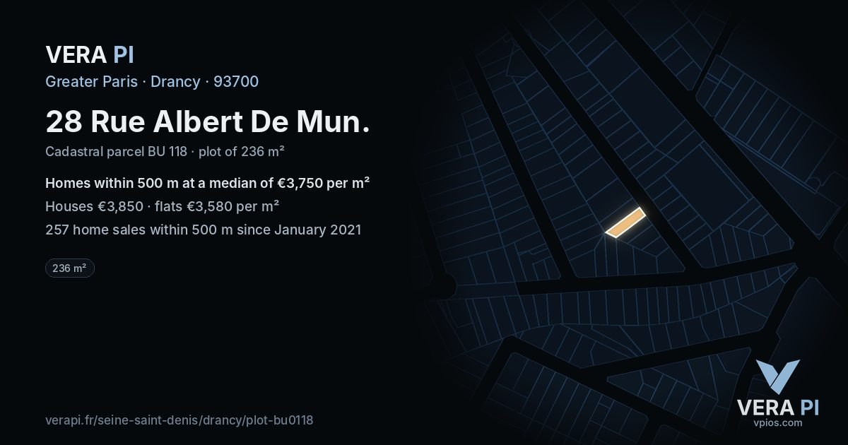28 Rue Albert De Mun, Drancy at night – the plot lit, the parcels around coloured by the prices near them