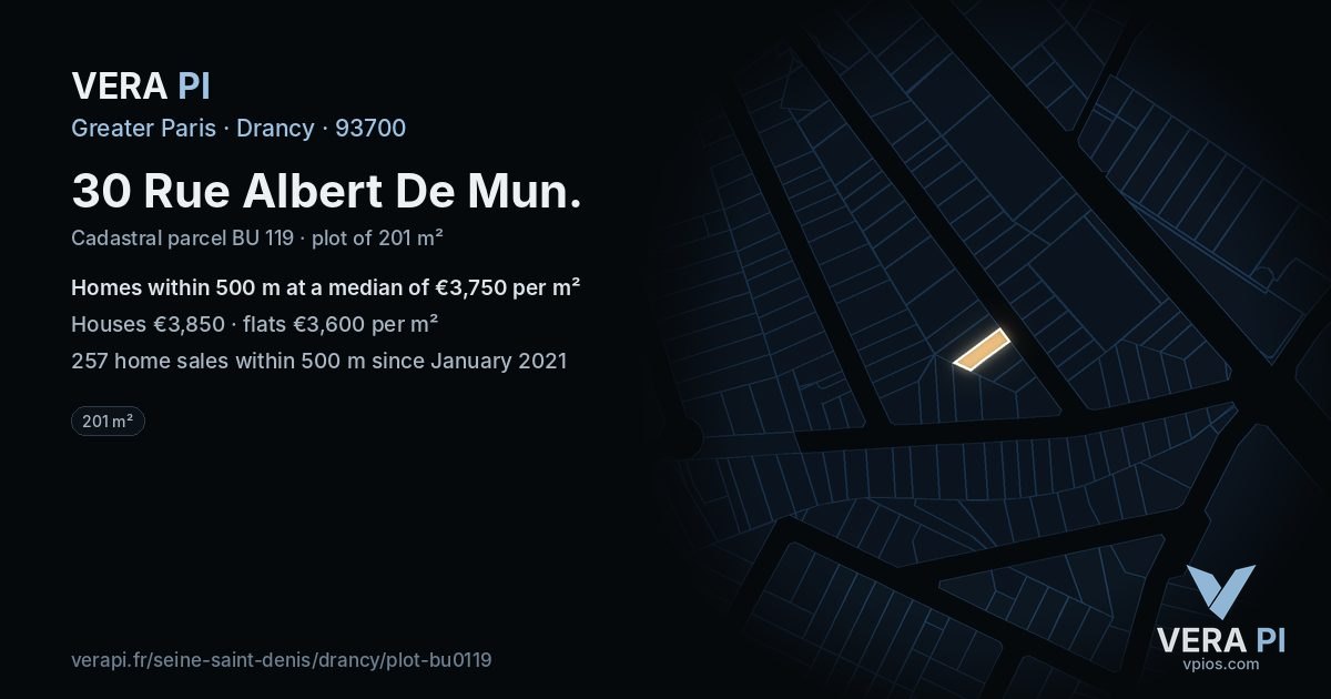 30 Rue Albert De Mun, Drancy at night – the plot lit, the parcels around coloured by the prices near them